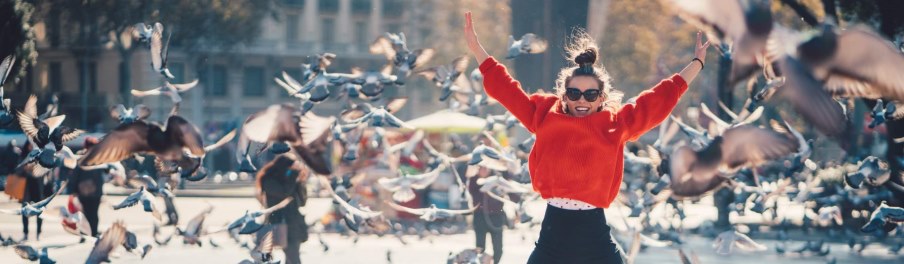 Person springt hoch mitten in einem Vogelschwarm