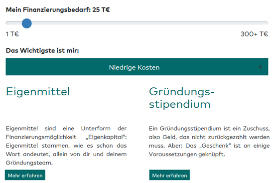 Screenshot Verteilerseite Finanzierungsmöglichkeiten