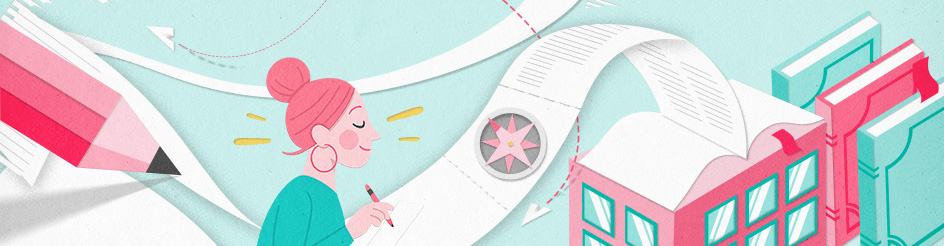 Illustration einer schreibenden Person mit Notizen, Büchern und Symbolen für den Weg zur Tätigkeit als Autor*in.