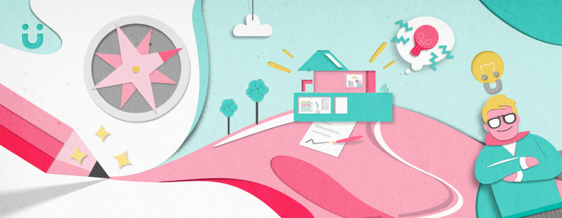 Illustration mit Symbolen für Erfolg, Erfindung, und Geschäftstätigkeit: Glühbirne, Haus, Dokumente, und eine nachdenkliche Person