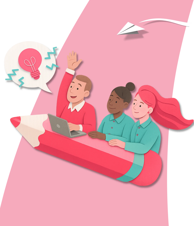 Eine Illustration zeigt drei Gründer*innen, die auf einem fliegenden Bleistift sitzen und in eine strahlenden Zukunft reiten.