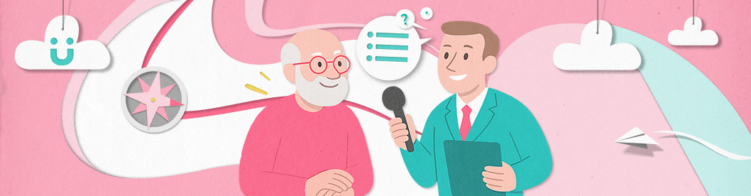 Eine Illustration zeigt Jens Corssen im Interview mit Jan von der Gründerplattform.