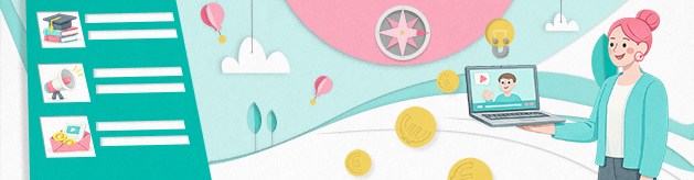 Illustration: Person hält einen Laptop mit Video-Call, daneben Checkliste, Icons und Münzen zum Thema Onlinekurs-Verkauf