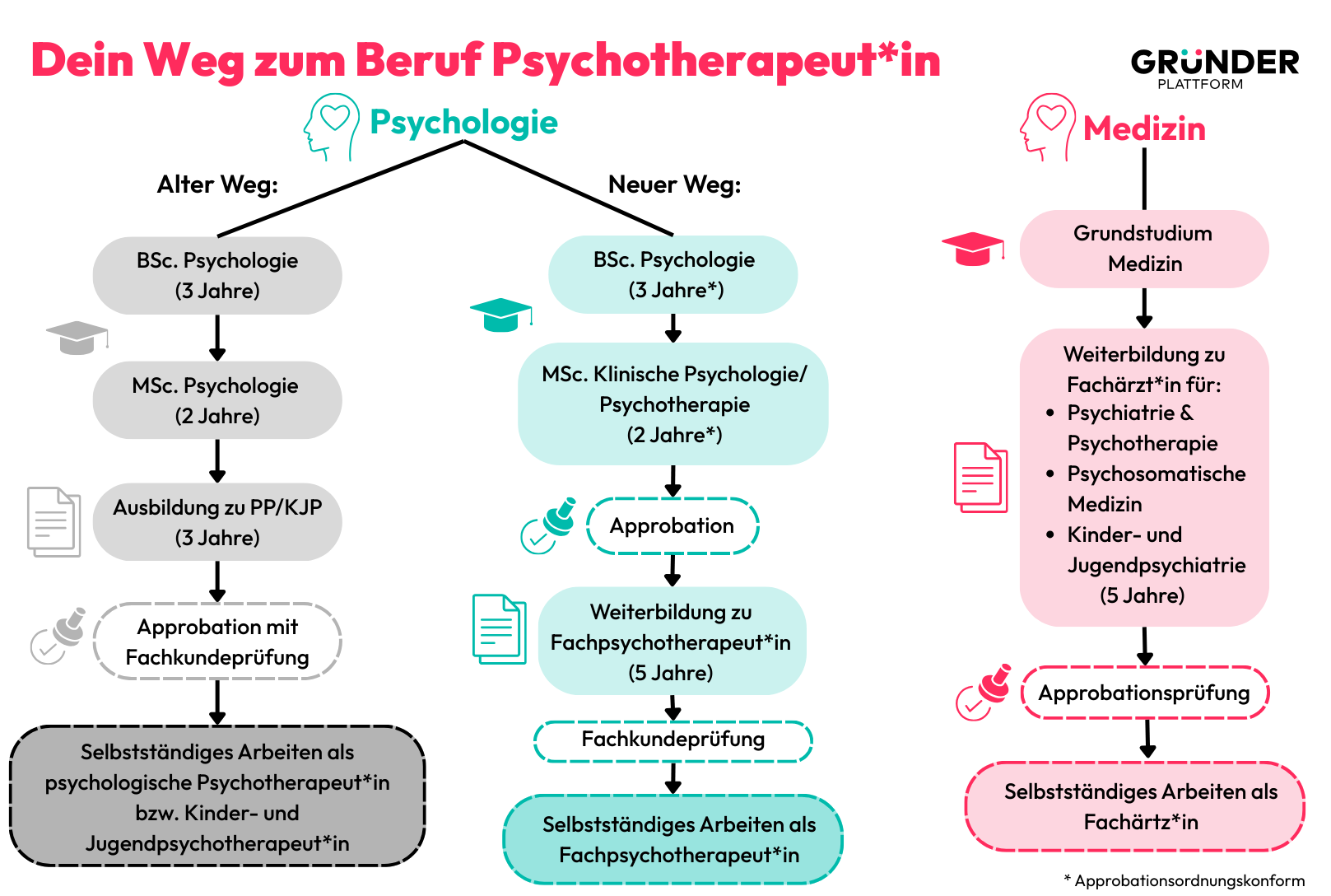 Psychotherapeut werden Eine Grafik zeigt die verschiedenen Wege, um Psychotherapeut zu werden.