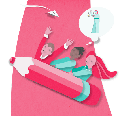 Newsletter Anmeldung zum Wachstumschancengesetz Drei Personen auf einem fliegendem Stift und eine Sprechblase mit einer Justizfigur.