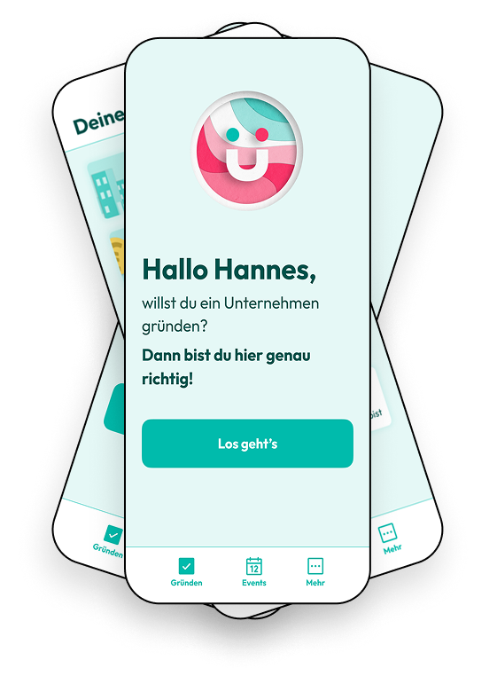 Eine Illustration zeigt die Gründerplattform-App auf einem Smartphone.