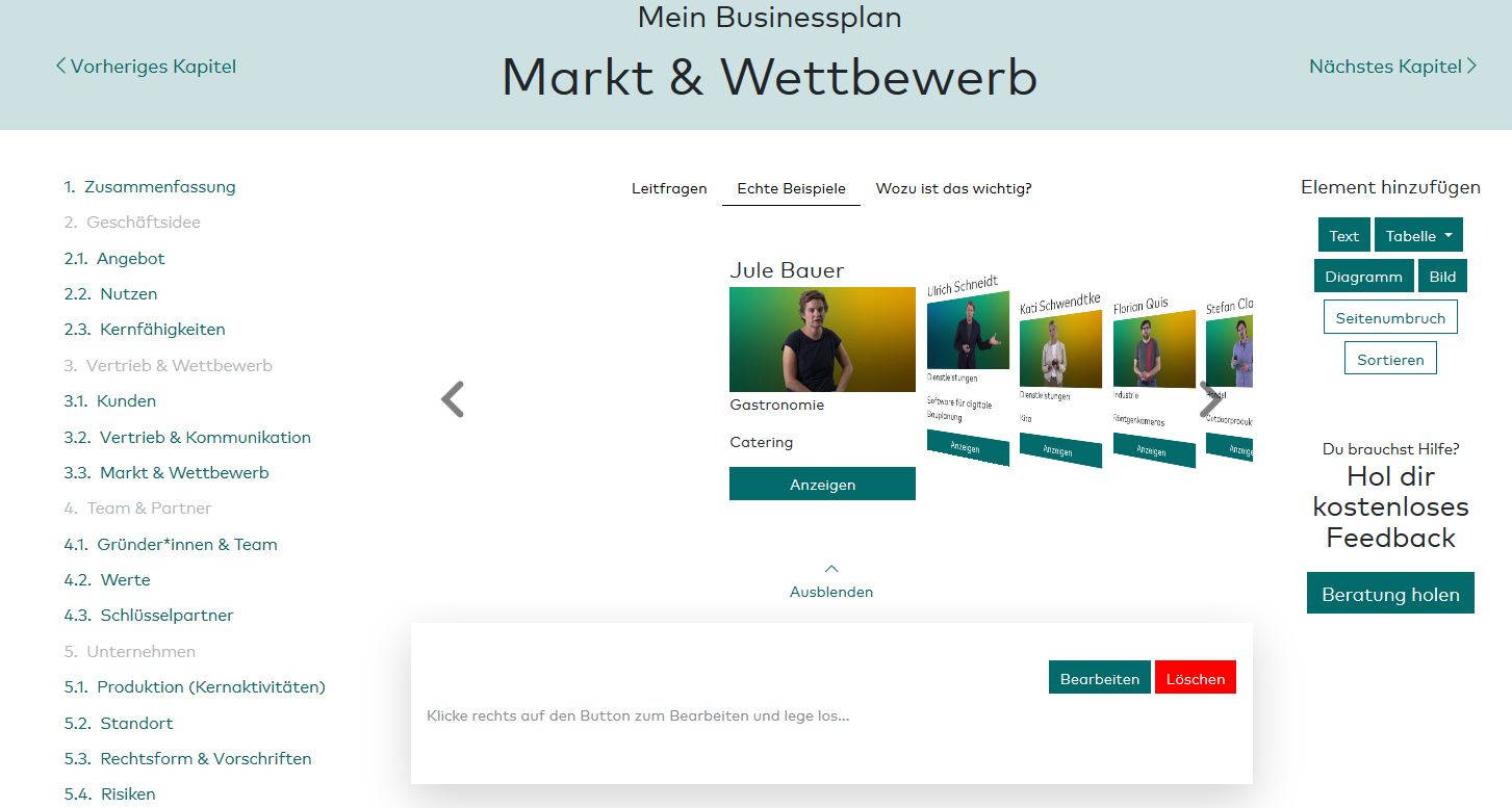 Screenshot von Beispiel-Businessplänen