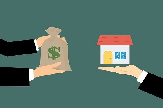 Zeichnung: Geld wird gegen Haus getauscht Zeichnung: Geld wird gegen Haus getauscht