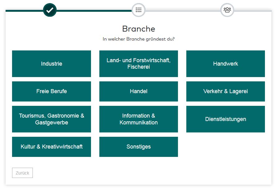 Screenshot der Branchenauswahl in der Start-Anleitung Screenshot der Branchenauswahl in der Start-Anleitung