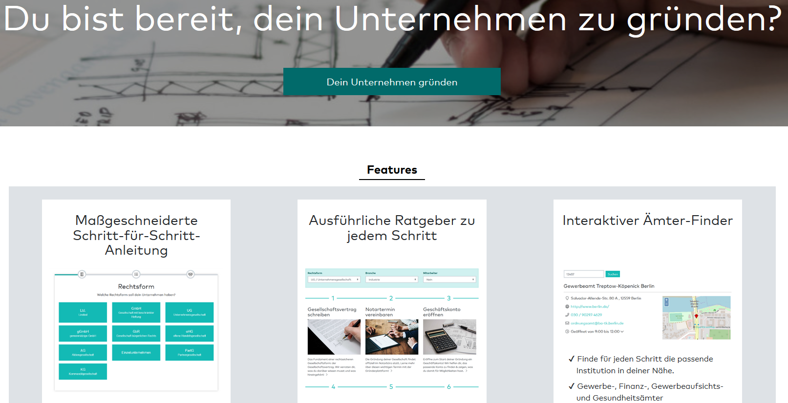 Einstieg Gründung Screenshot Einstieg Bereich Gründung