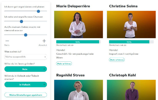 Screenshot der Filtereinstellungen für die Vorbildunternehmer*innen