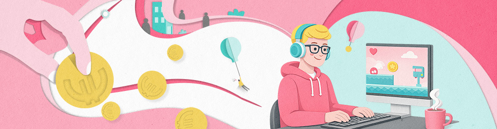 Person mit Kopfhörern programmiert am Computer ein Jump-and-Run-Spiel