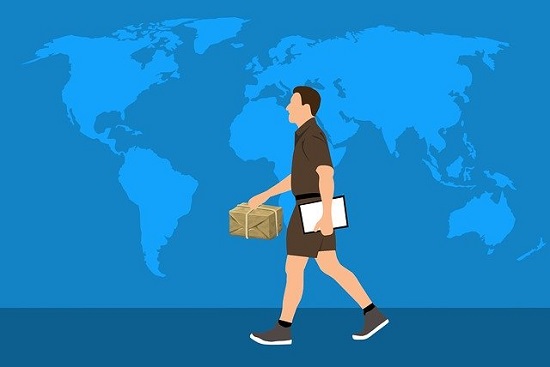 Illustration of a mail man with a world map background Illustration of a mail man with a world map background