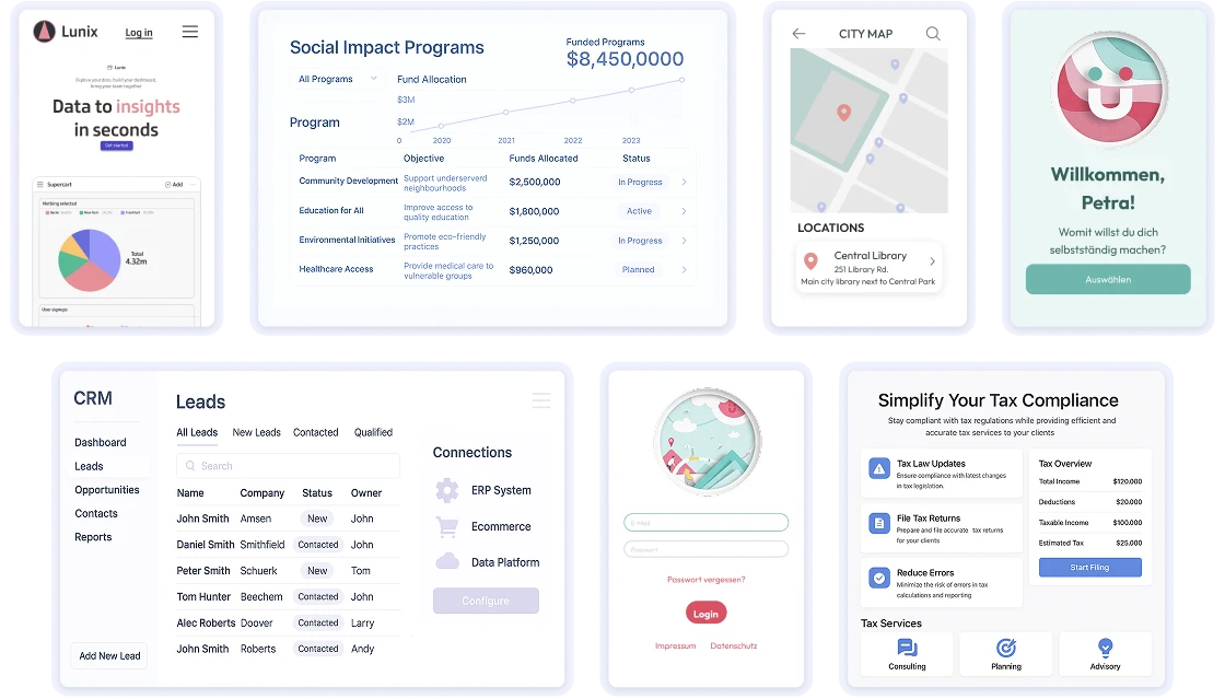 Three mobile phone screens showing different app interface designs