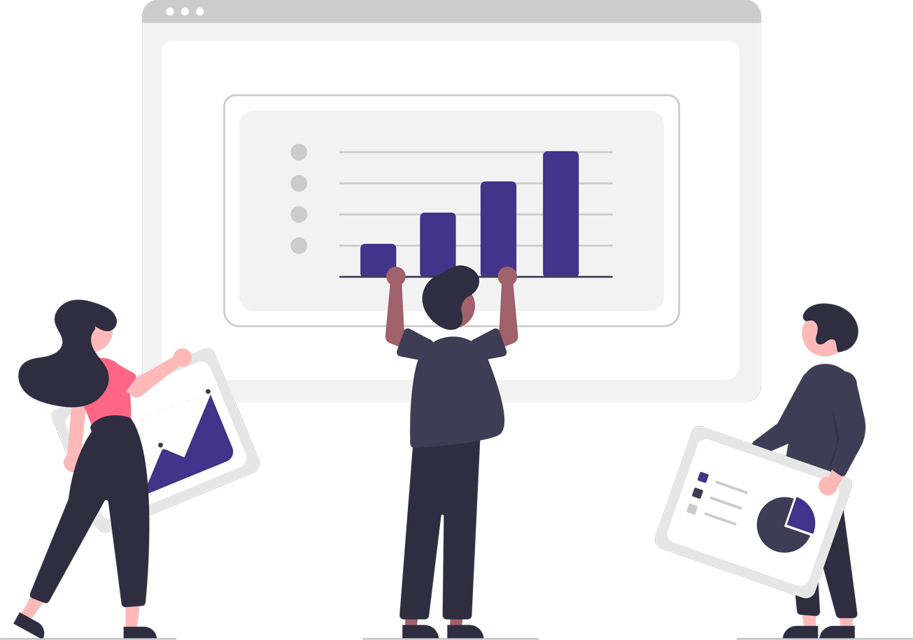 Zeichnung von 3 Menschen, die Diagramme zusammenstellen