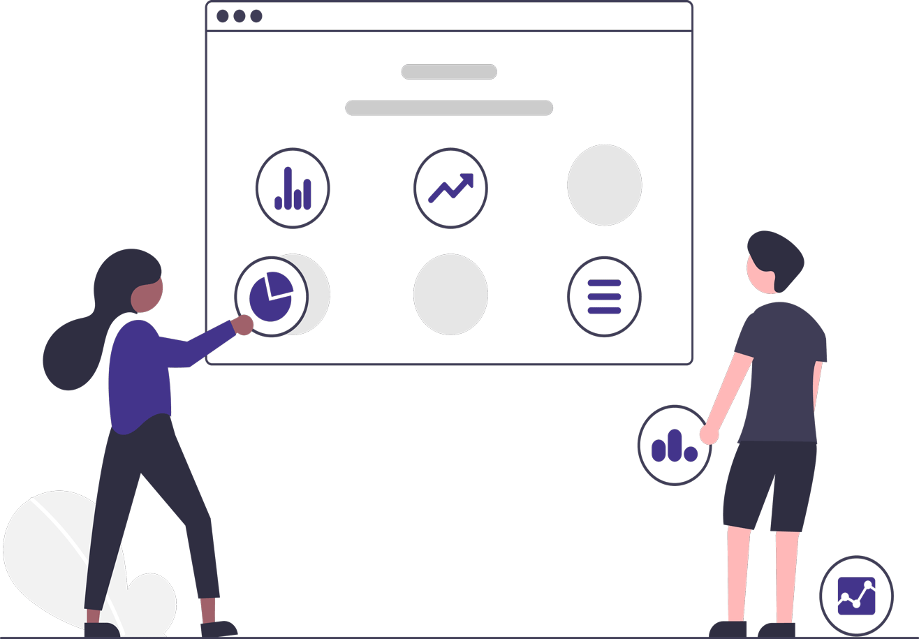 Zeichnung von zwei Menschen, die Icons an einer Wand anordnen