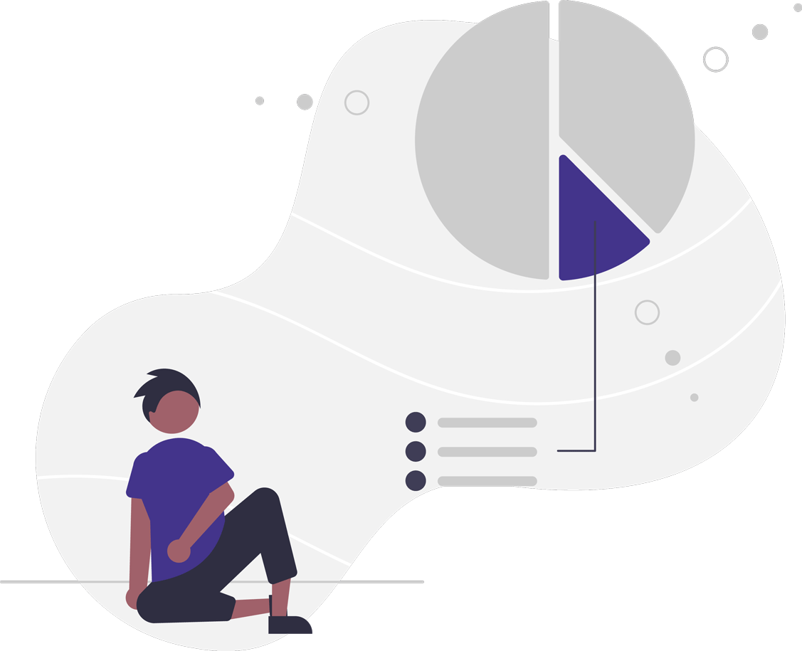 Zeichnung eines Mannes, der vor einem Kuchendiagramm sitzt