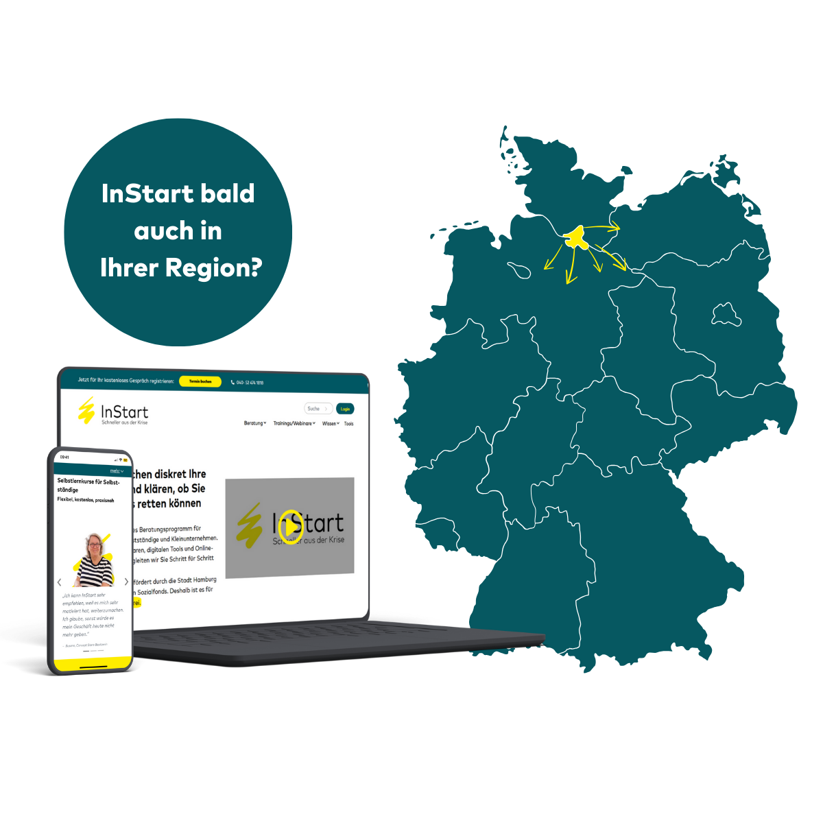 Zeigt eine Deutschlandkarte und stellt die Frage: InStart bald auch in Ihrer Region?