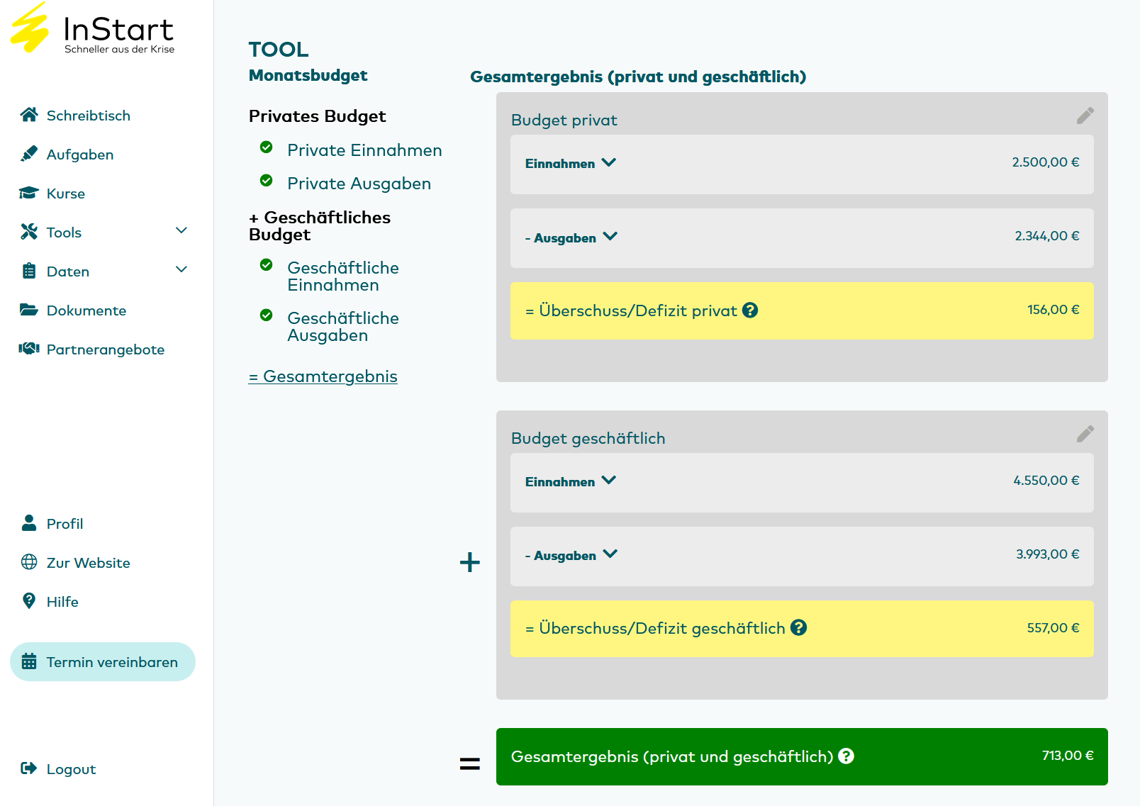 Screenshot des Monatsbudget-Tools