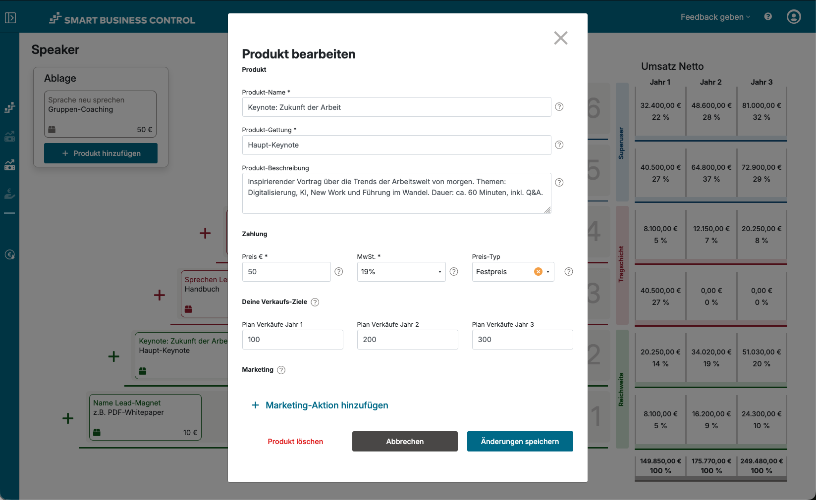 Screenshot des Tools Smart Business Control: Produkt bearbeiten