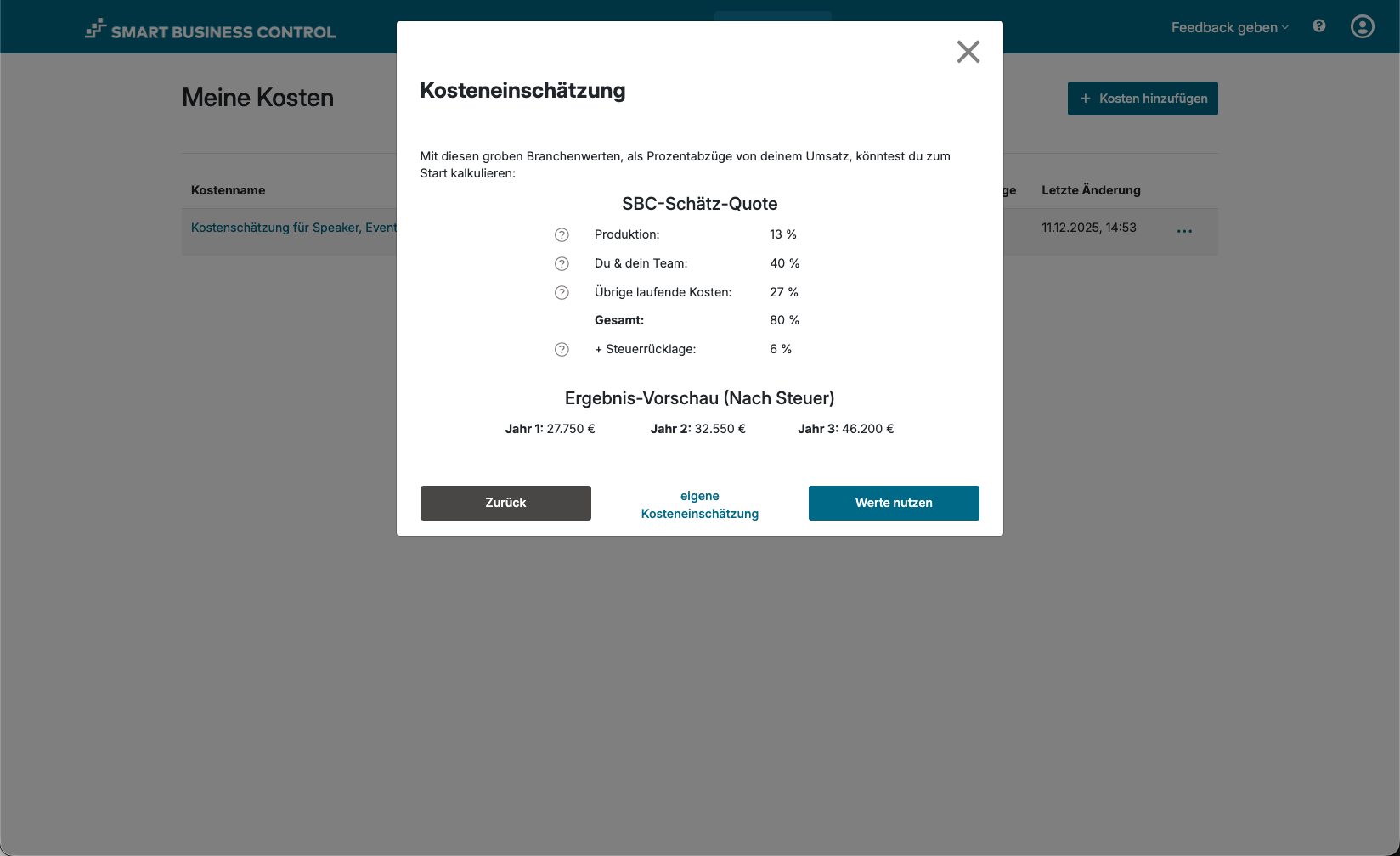 Screenshot Kosteneinschätzung