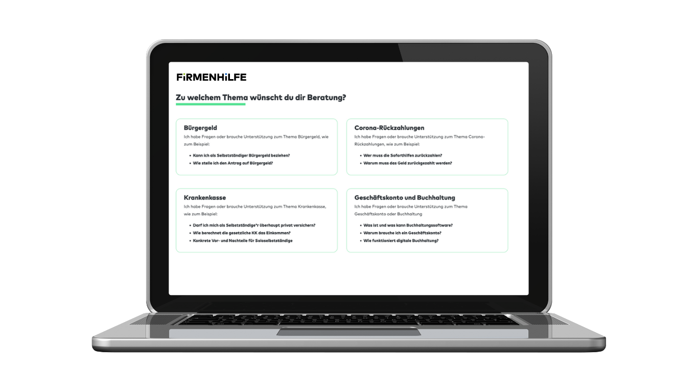 Bildschirm eines Laptops zeigt Firmenhilfe Beratungsthemen
