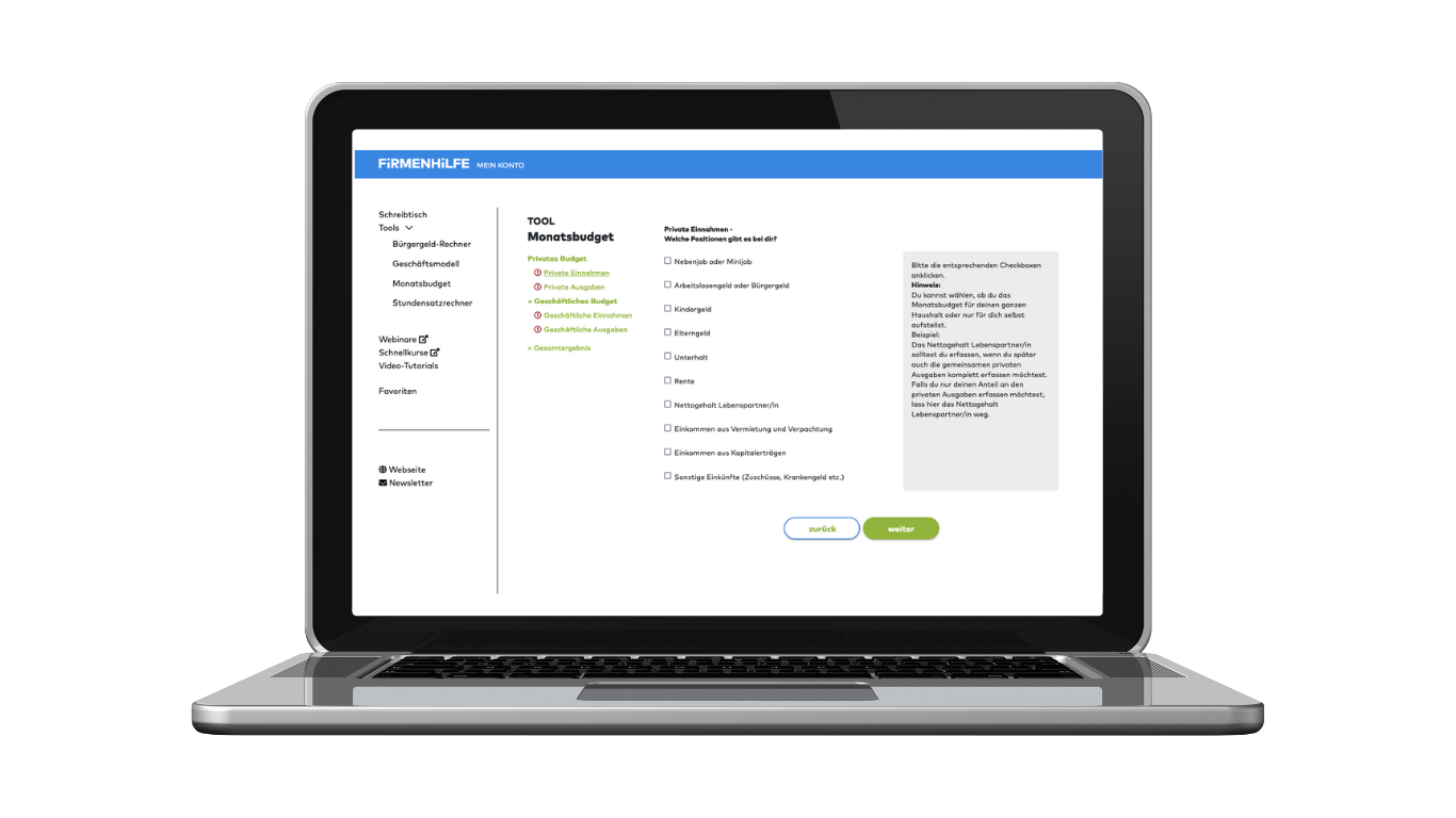Bildschirm eines Laptops zeigt Firmenhilfe Monatsbudget-Tool