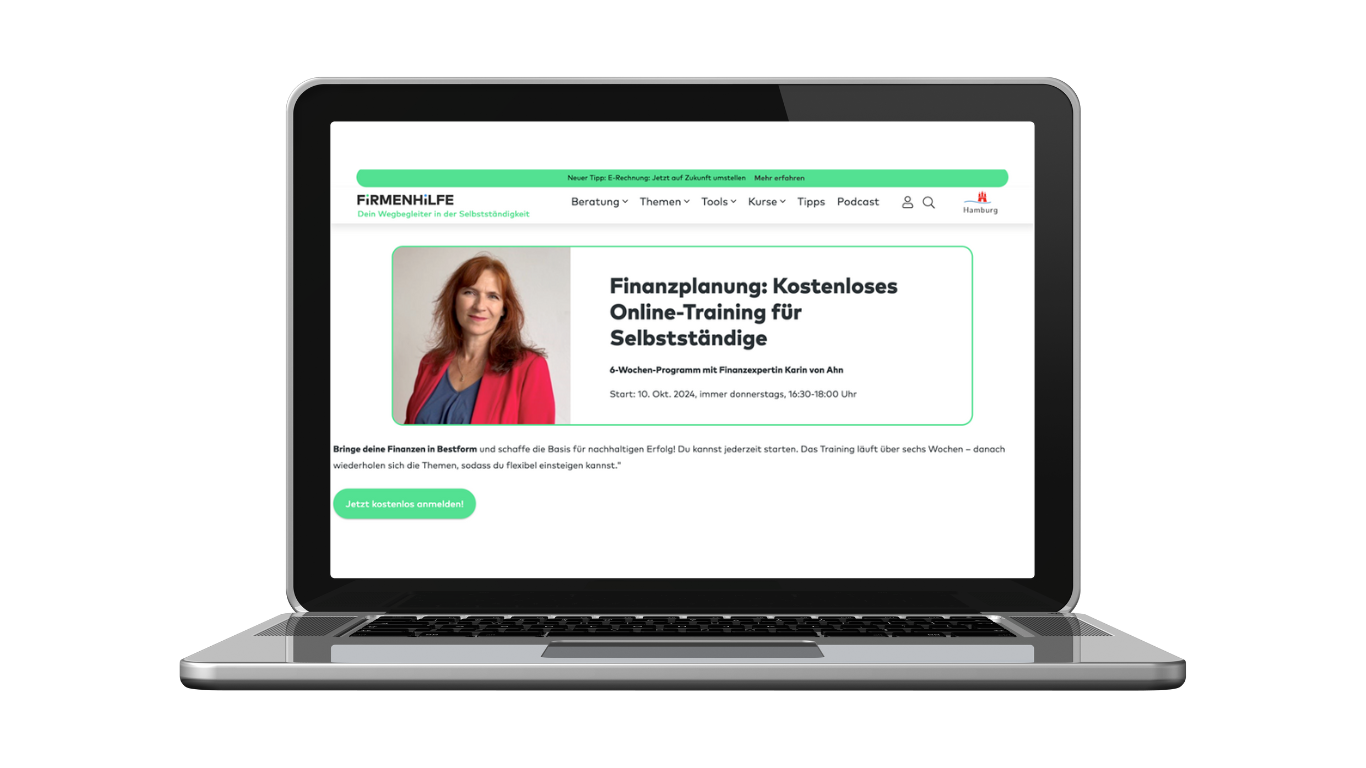 Bildschirm eines Laptops zeigt Firmenhilfe Online-Training für Finanzen