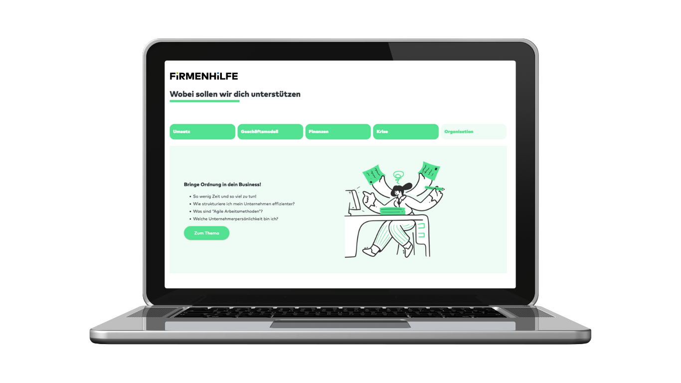 Bildschirm eines Laptops zeigt Firmenhilfe Kategorien