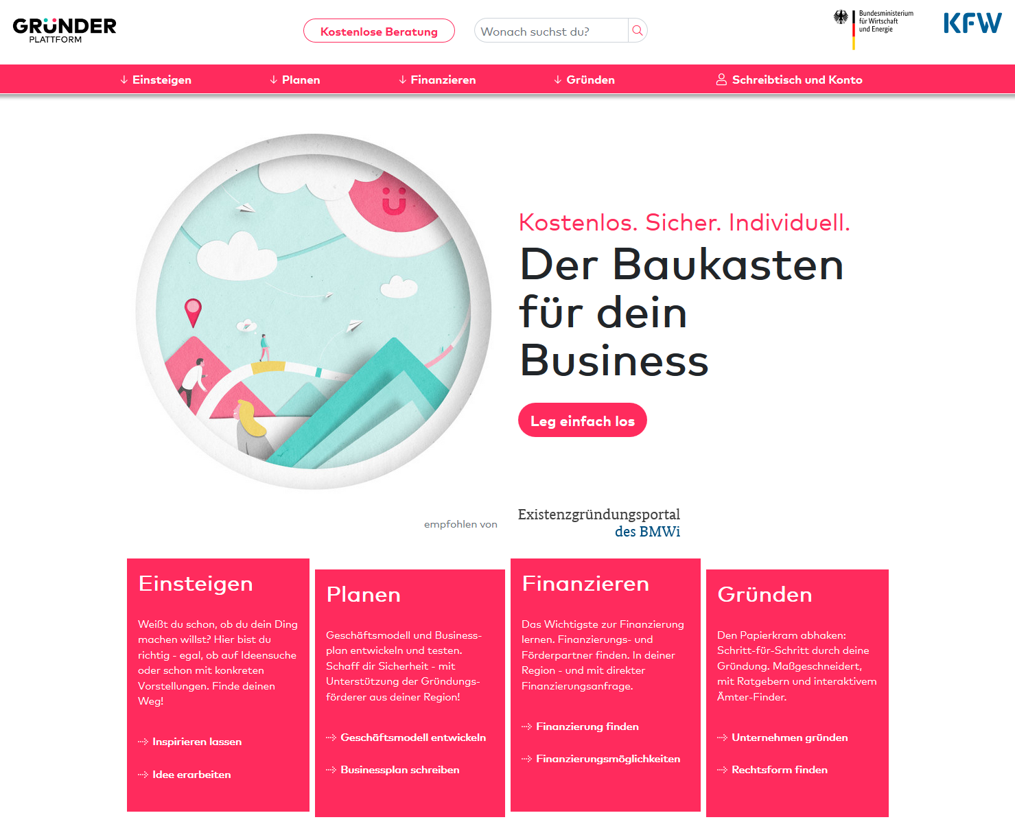 Screenshot der Gründerplattform Startseite