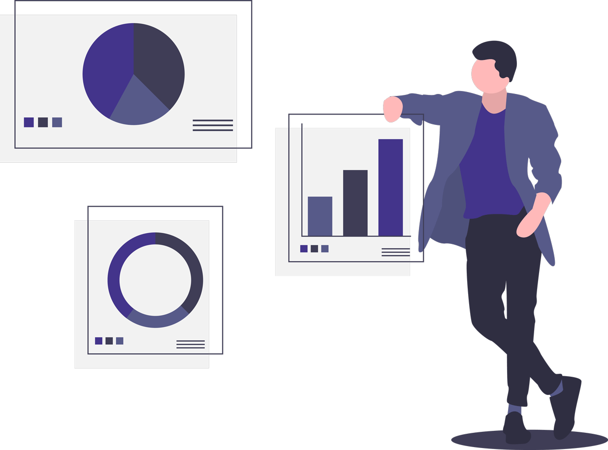 Illustration of man looking at diagrams