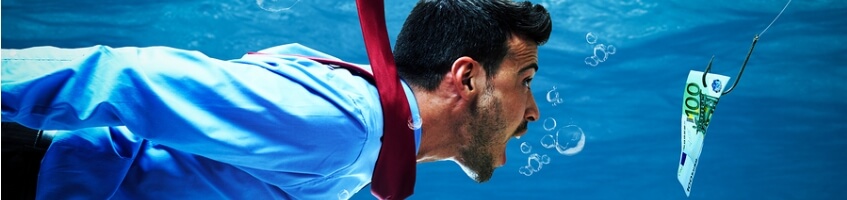 man swimming trying to catch a euro note