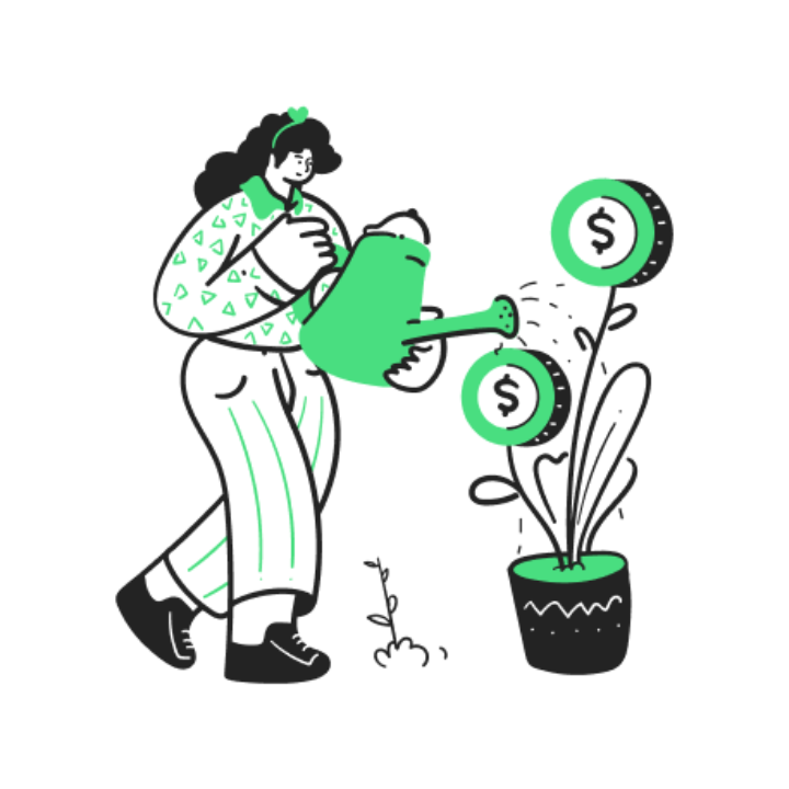 money_plant Illustration: Einer Person gießt eine Pflanze, an der Geldmünzen wachsen