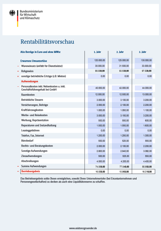 Vorlage für eine Rentabilitätsvorschau