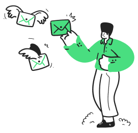 newsletteranmeldung Illustration eines Menschen mit beflügelten Briefen