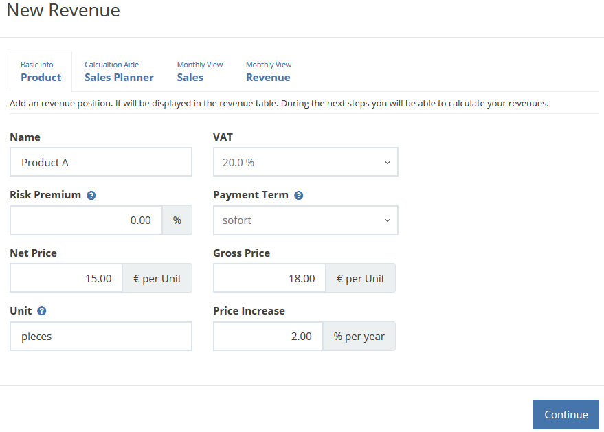 Screenshot of New Revenue Formular