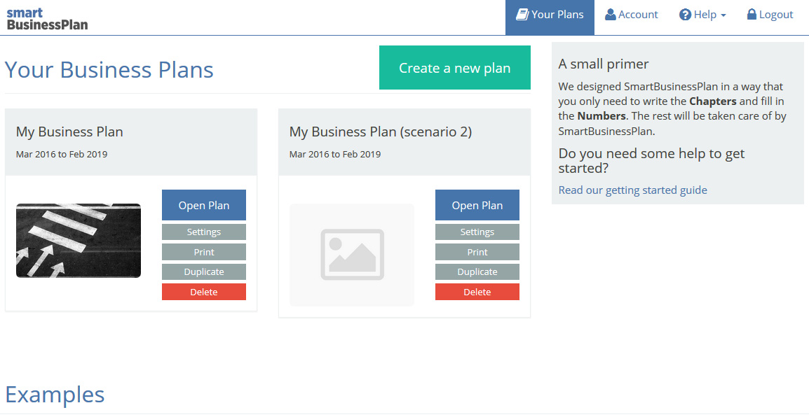 Screenshot of "Your Business Plan" screen